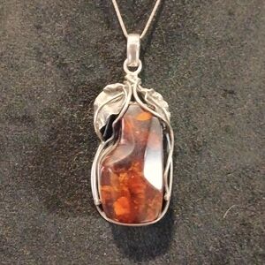 🍂 Huge Baltic Amber Pendant Handmade Sterling Silver Leaves Setting Statement